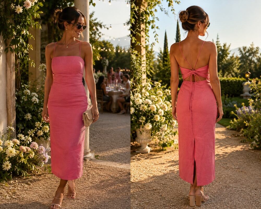 Zara Pink Linen Blend Open Back Midi Dress Tie Back Summer Wedding Guest Size M